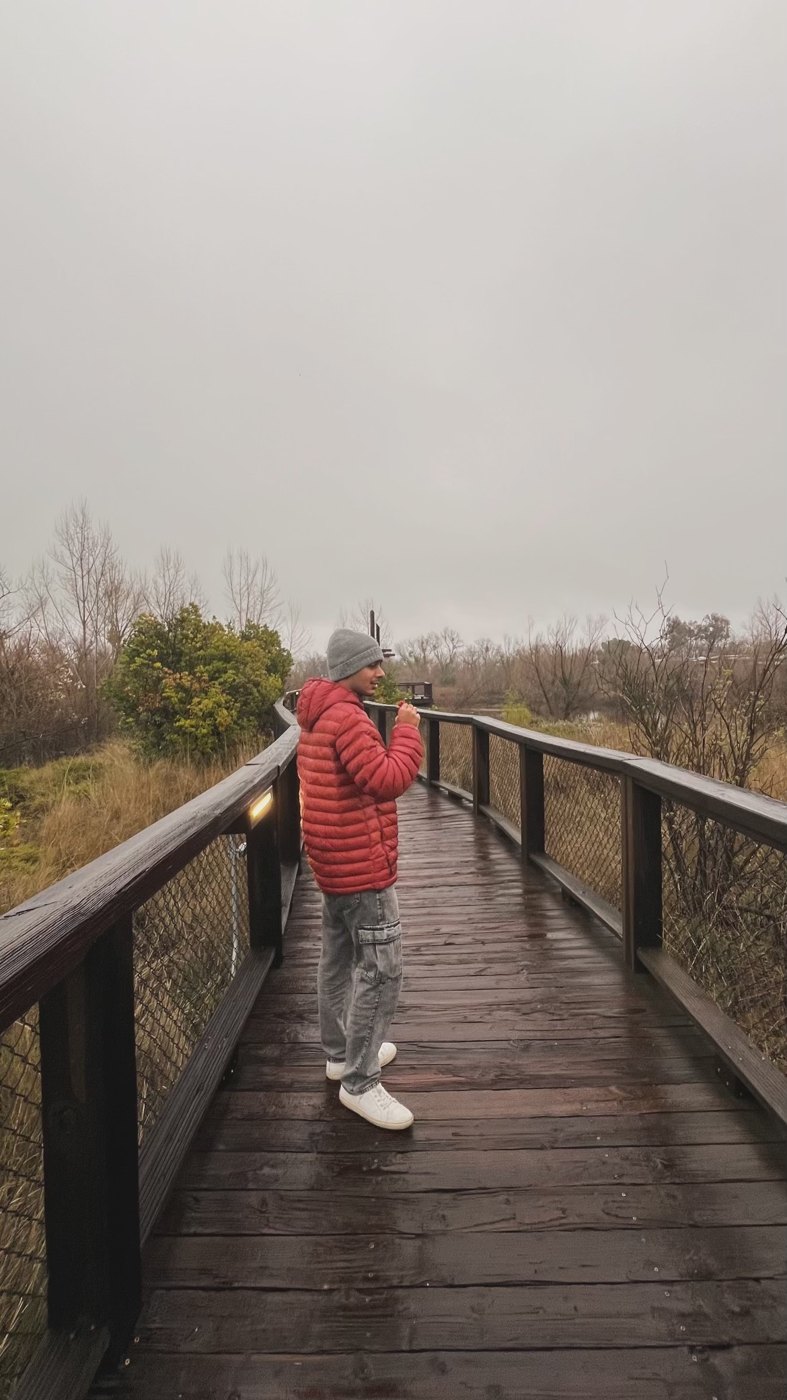 On a boardwalk outside Davis on a foggy morning